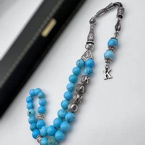 Personalized Turquoise Tasbih: Islamic Prayer Beads with Silver Pendant