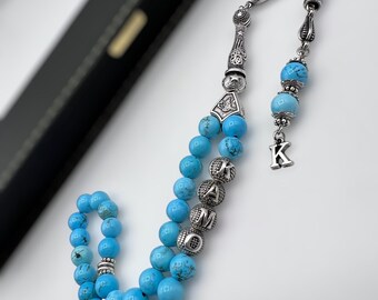 Tasbih turquesa personalizado: rosario islámico con colgante de plata.