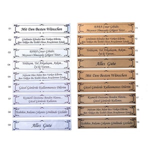 May include: Nine brown and white rectangular tags with decorative borders and black text. The tags feature various sayings, including "Mit Den Besten W&uuml;nschen", "BABA &Ccedil;ınar Gibidir", "Alles Gute", and "G&uuml;zel G&uuml;nlerde Kullanmanızı Dilerim".
