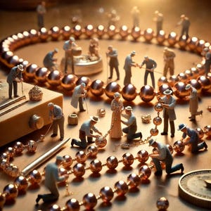 May include: A miniature scene featuring tiny figures working on a large pearl necklace. The figures are dressed in various outfits and are using tools to assemble the necklace. The necklace is made of large, round pearls and is laid out on a wooden surface.
