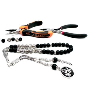 Personalized Black Onyx Prayer Beads – Engraved Name Tesbih, Sword Pendant (Gift Box)