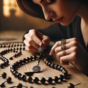 May include: A close-up of a woman's hands working on a black and gold beaded necklace with a pendant. The necklace has a variety of charms and beads, including a large, ornate pendant.