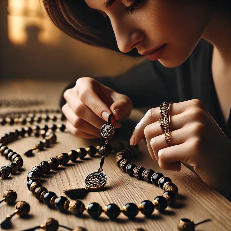 May include: A close-up of a woman's hands working on a black and gold beaded necklace with a pendant. The necklace has a variety of charms and beads, including a large, ornate pendant.