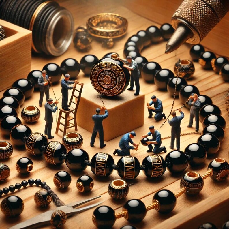 May include: A close-up of a wooden surface with a variety of black beads, a gold pendant, and miniature figures. The figures are wearing blue clothing and are working on a small wooden structure.