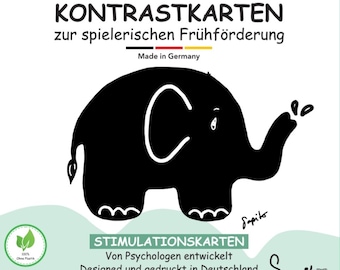 Baby Kontrastkarten / Stimulationskarten zur Frühförderung, Set aus 12 liebevollen Tierzeichnungen