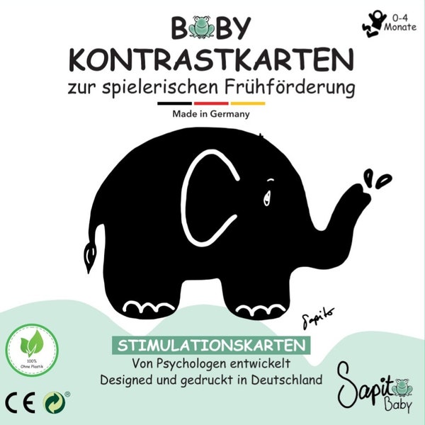 Baby Kontrastkarten / Stimulationskarten zur Frühförderung, Set aus 12 liebevollen Tierzeichnungen