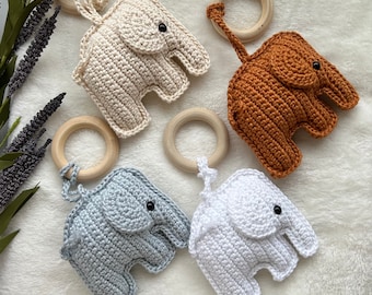 Crochet Elephant Rattle with Wooden Ring: Jingling Baby Toy