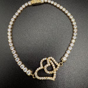 10k Yellow Gold Heart Cubic Zirconia Bracelet 6.5 inch, Tennis Heart Bracelet, Fancy Bracelet, Love Bracelet, Gift for her