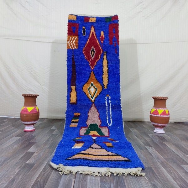 Blue Beni ourain Runner Custom Rug,Boujaad Boho Decor Blue Runner Rug,Blue wool shaggy rug,gorgeous berber Blue rug,blue hallway rug