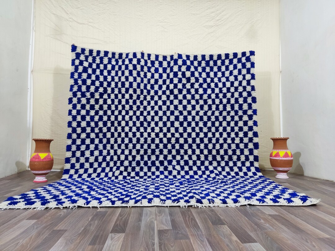 Blue Square Rug, Blue Checkerboard Rug, Style Bedroom Rug, Blue Room Decor,checkered Moroccan