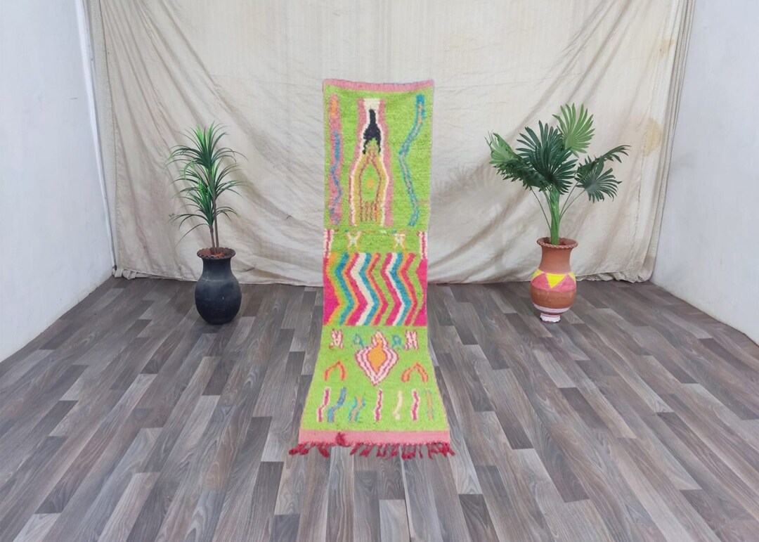 Beni Ourain Wool Green Rug,custom Runner Rug,authentic Green Runner Rug