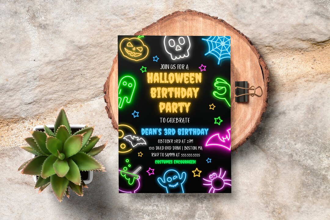 Spooky Halloween Party Invite, Printable Neon Halloween Birthday Invite ...