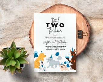 Dog Theme Birthday Invite, Bad Two the Bone Birthday Invitation, Puppy Pawty, 2nd Birthday, Dog Birthday Editable Invitation, Boy Birthday