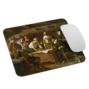May include: A painting depicting a group of people gathered around a table, studying a map. The scene is set in a dimly lit room with wooden beams and a warm, earthy colour palette. The figures are dressed in 17th-century attire, and their expressions are serious and focused.