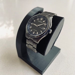May include: A silver Citizen Eco-Drive watch with a black face and a black leather watch stand.
