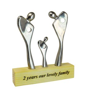 2 years, Personalized Tin Anniversary Gift,  tin family figurinetin family sculpture of three, Engraved 2-Years Wedding Keepsake