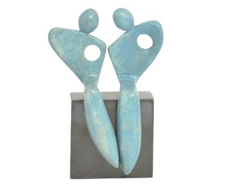 Unique and Customizable Bronze Couple Sculpture for 8th Anniversary - Symbolic Bronze Artwork for Wedding Anniversary blue bronze on marble