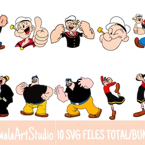 10 Popeye SVG Files Total/Bundle For Cricut, SVG, Layered, Digital Art, printable clipart
