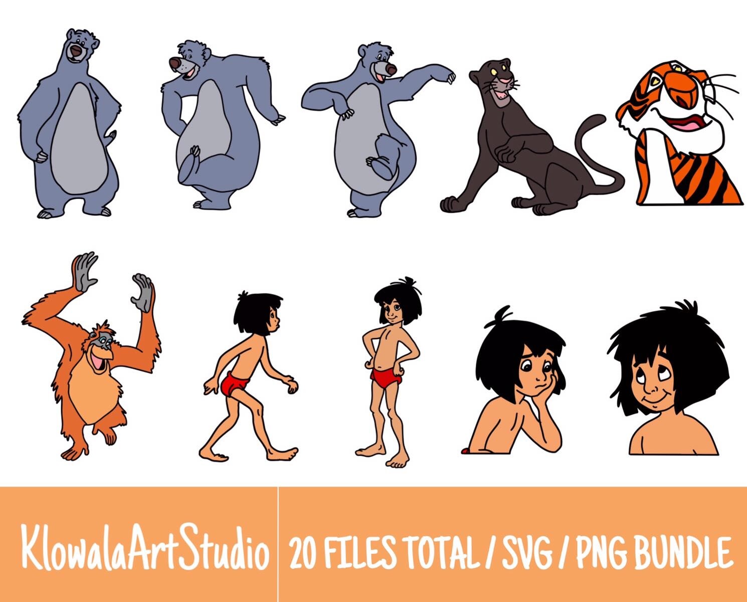 20 Files Total / 10 Colored Layered SVG Files For Cricut/ 10 PNG Files -Jungle Book Bundle For Cricut, SVG, Layered, Digital Art