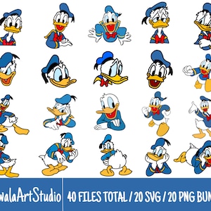 40 archivos en total / 20 archivos SVG en capas de colores para Cricut/ 20 archivos PNG Paquete de dibujos animados del pato Donald para Cricut, SVG, capas, arte digital