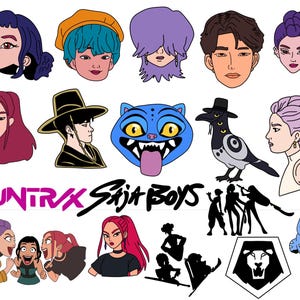 May include: A collection of cartoon illustrations featuring various characters with diverse hairstyles and expressions. The image includes the text "HUNTRAX" and "Saja Boys" in a stylized font, along with several silhouette figures and a lion emblem.