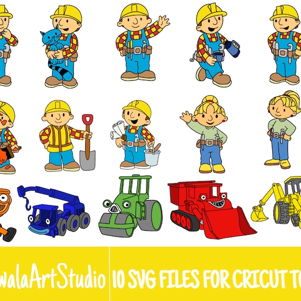 10 farbige geschichtete Bob Builder 2000er Cartoon SVG-Dateien/Bundle für Cricut, SVG, geschichtete, digitale Kunst