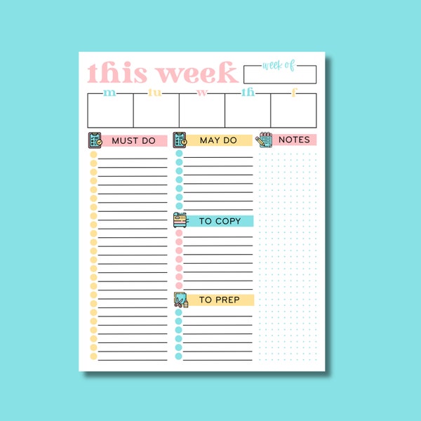 This Week Teacher Notepad – Stay Organized with Daily Calendar, Checklists, and Notes – 50 Sheets, 8.5 x 11 inches