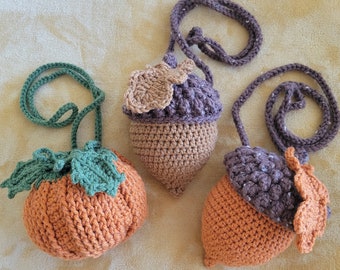 Sac d'automne au crochet, sac à main gland, sac à main citrouille, sac amigurumi bandoulière, petit sac à bandoulière, sac de bonbons, petit sac à main, mini sac à bandoulière