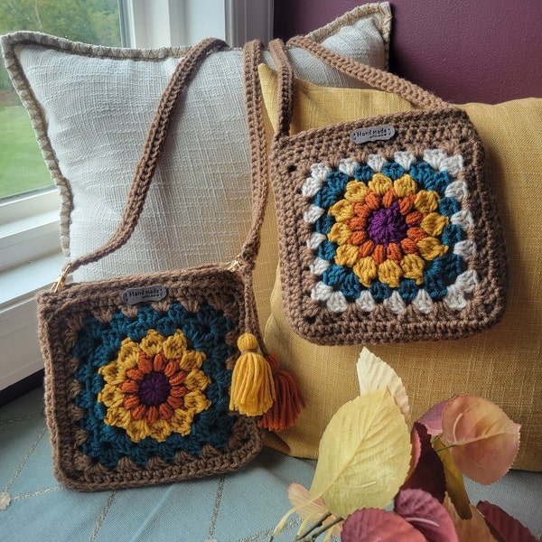 Sunflower Crochet Tote Bag, Boho Hippie Bag, Summer Tote, Small Flower Tote Bag with a strap, Fall Tote, Sun blaster bag