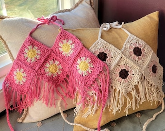 Crochet Flower Halter Top, Granny Square, Boho Fringe 100% Cotton Baby Toddler Top