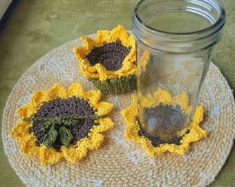 Yellow Sunflower Coaster Set of 4, Coasters, Sunflowers, Summer drink, Coffee, Crochet Flowers, Home Decor, Kitchen & Dining, Gift, Crochet
