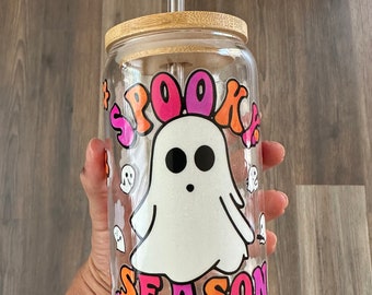 Spooky Season Glass Cup with Bamboo Lid, Halloween, 16 oz Glass Cup, Glass Can, Glass Tumbler, Iced Coffee Glass, Iced Coffee Cup