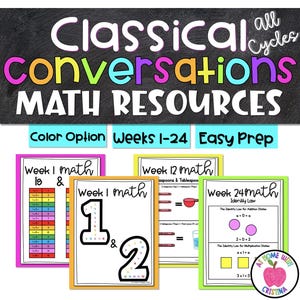 以下が含まれることがあります： 「Classical Conversations MATH RESOURCES」のテキストが入った、教育用の数学リソース。画像には、掛け算や足し算などのトピックを含む、1、12、24週目のカラフルなフラッシュカードが写っています。カードはピンク、黄色、緑など、さまざまな色で縁取られています。