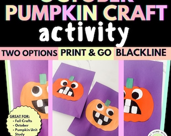 Op de afbeelding: Een Halloween-knutselactiviteit met oranje pompoenuitsparingen met zwart-witte gezichten, tegen paarse achtergronden. De tekst luidt "OCTOBER PUMPKIN CRAFT activity" en "TWO OPTIONS PRINT & GO BLACKLINE".
