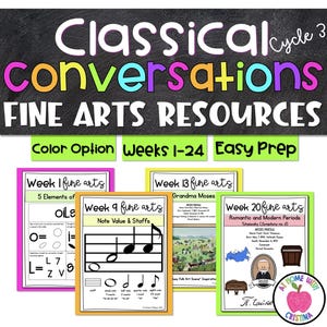 May include: A collection of fine arts resources with the text "Classical Conversations" and "Fine Arts Resources." The image includes colorful cards for weeks 1, 9, 13, and 20, covering topics like oils, note values, and romantic periods.