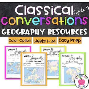 May include: A collection of geography resources with the title "Classical Conversations" in white and colorful text on a black background. The image includes several colorful flashcards with maps and the text "Weeks 1-24 Easy Prep."