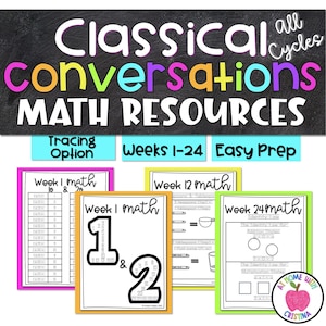 以下が含まれることがあります： 「Classical Conversations MATH RESOURCES」と題された数学リソース。画像には、1～24週間のワークシートがあり、トレースオプションと簡単な準備が可能です。ワークシートはカラフルです。