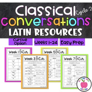 May include: Educational Latin resources with the text "Classical Conversations Latin Resources". The image shows worksheets for weeks 1, 3, 5, and 7, with cursive writing examples. The design is colorful, with the text in various bright colors.