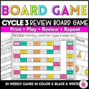 Peut inclure: Un jeu de plateau imprimable pour la révision du Cycle 3 avec un plateau coloré comportant des cases marquées de sujets éducatifs comme NATO, John 1:6 et Preamble. Le jeu inclut des instructions, des pions et le texte BOARD GAME.