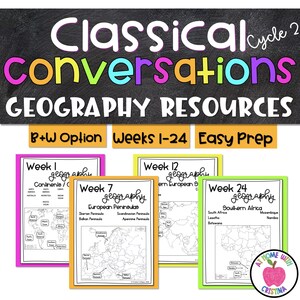 Puede incluir: Recursos educativos de geografía con el texto "Classical Conversations" y "Geography Resources". La imagen presenta texto colorido y varias tarjetas con mapas y el texto "Week 1", "Week 7", "Week 12" y "Week 24".