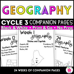 May include: Educational geography companion pages featuring black and white printables for 24 weeks. The pages include maps, lists of states and capitals, and geographical features. Text includes GEOGRAPHY, CYCLE 3 COMPANION PAGES, and Week 1.