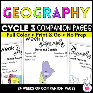 Páginas complementarias de geografía del ciclo 3 / Actividades de repaso a todo color / Hojas de trabajo de geografía para la educación en casa / PDF imprimible / 24 semanas