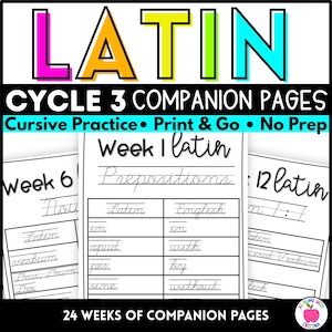 Cycle 3 Latin Companion Pages | Cursive Tracing Pages | Homeschool Latin Worksheets | Printable PDF | 24 Weeks