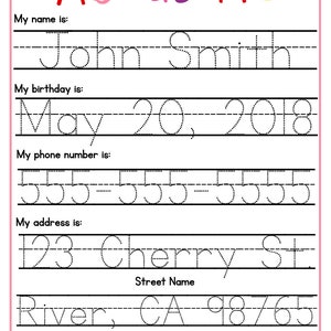 May include: A printable "About Me" worksheet with dotted lines for a child to practice writing their name, birthday, phone number, and address. The worksheet includes the text "About Me" in colorful letters and a small envelope icon at the bottom.