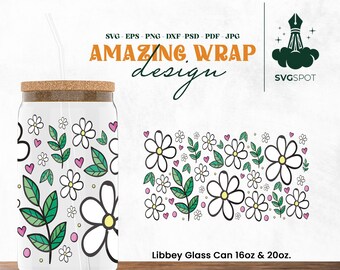 Daisy Libbey Glas Dose, Glas Dose voller Wrap, Kaffee kann Glas, SVG, Daisy Blume, nahtlose Full Wrap, Png,Svg,Cricut Files