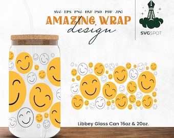 Smile Glass Can Wrap, Frosted Glass Can Wrap Svg, Frosted Glass Can Png, Glass Tumbler Designs, Libby Glass Can Png, Smile Face Wrap Template