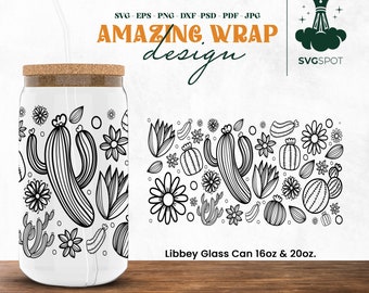 Cactus Element Libbey Can Glass Svg, 16 Oz Can Glass, Abstrakcyjny projekt, Sztuka w stylu boho, Libbey Svg, Pobieranie cyfrowe