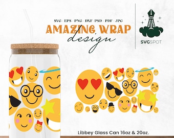 Emoji glimlach gezicht 16oz Libbey glas wrap svg, schattige lachende gezichten koffie glas kan, bierglas svg png dxf, bestand knippen