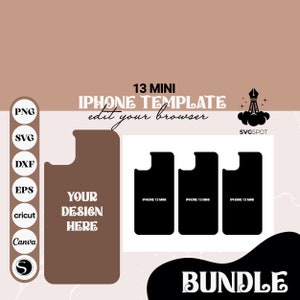 Puede incluir: Un paquete de descarga digital de tres plantillas de carcasa de teléfono iPhone 13 mini. Las plantillas son en blanco y negro y presentan el texto "IPHONE 13 MINI". El paquete incluye una plantilla con el texto "YOUR DESIGN HERE".