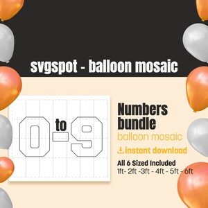 May include: A digital download of balloon mosaic templates for numbers 0 to 9. The templates are shown on a white grid background. The text "Numbers bundle" and "balloon mosaic" is shown in black text. The text "instant download" is shown in black text with a download icon. The text "All 6 Sized Included" is shown in black text. The text "1ft-2ft-3ft-4ft-5ft-6ft" is shown in black text.